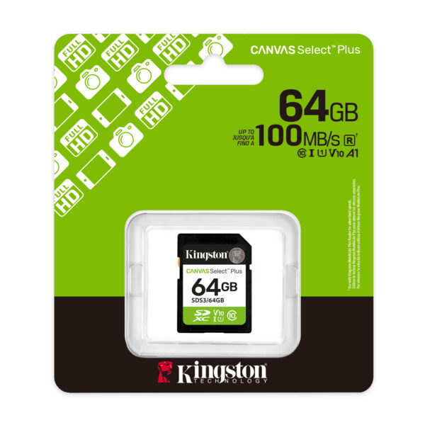 1e86b033195c8cc5f6c71ab1d86a7c1e53a53423.jpg Kingston Technology 64 GB SDXC Canvas Select Plus Gen3 100 MB/s C10 UHS-I U1 V10