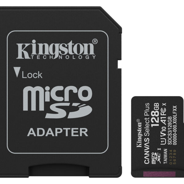 5033d2e8c586f31337b53759f0766e8c7b469312.jpg Kingston Technology 128GB microSDXC Canvas Select Plus Gen3 150MB/s A1 (Incluye adaptador de SD)