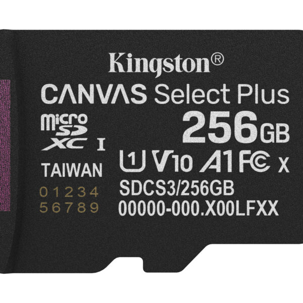 556c1ea3d27ceeb54bcb4483fdbade1cd0071a77.jpg Kingston Technology 256GB microSDXC Canvas Select Plus Gen3 150MB/s A1 (Incluye adaptador de SD)