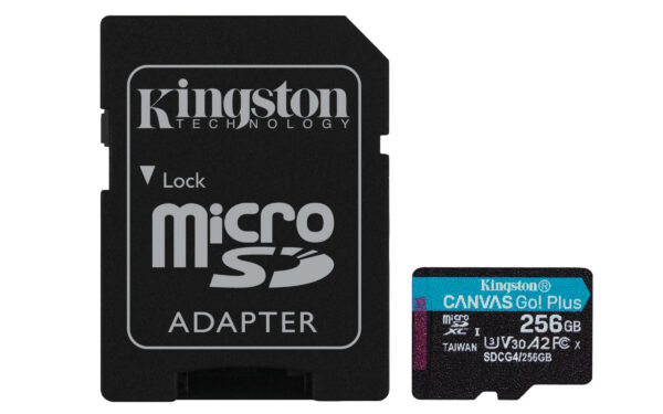 6527bada18a31f48f9a4d1e5134ea5ead92fe91c.jpg Kingston Technology Tarjeta microSDXC Canvas Go Plus Gen4 de 256 GB, 200 MB/s, A2 U3 V30 y adaptador