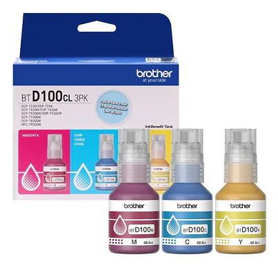 Brother PACKBTD100CL3PK cartucho de tinta 3 pieza(s) Original Rendimiento estándar Cian, Magenta, Amarillo