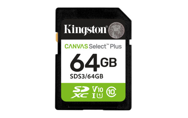 8ac856612480792590a03cb6277409f26bc526fd.jpg Kingston Technology 64 GB SDXC Canvas Select Plus Gen3 100 MB/s C10 UHS-I U1 V10