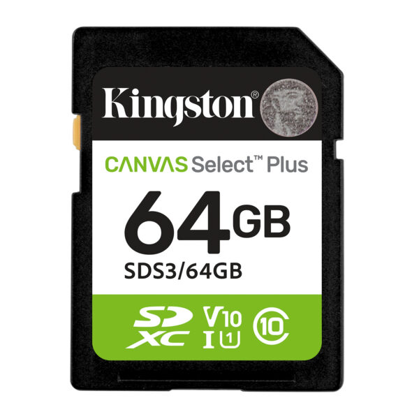 8ac856612480792590a03cb6277409f26bc526fd.jpg Kingston Technology 64 GB SDXC Canvas Select Plus Gen3 100 MB/s C10 UHS-I U1 V10