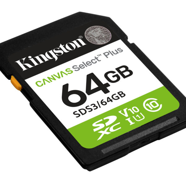 d1dbb05e451b1e505bee0d502d598d984caacacb.jpg Kingston Technology 64 GB SDXC Canvas Select Plus Gen3 100 MB/s C10 UHS-I U1 V10