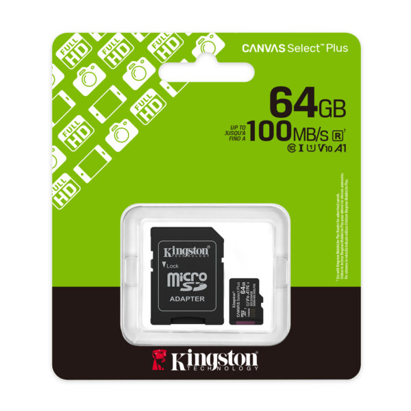 Kingston Technology 64GB microSDXC Canvas Select Plus Gen3 100MB/s A1 (Incluye adaptador de SD)