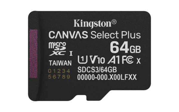 981504b35c609dd5afe5507007fe92e824f96858.jpg Kingston Technology 64GB microSDXC Canvas Select Plus Gen3 100MB/s A1 (Incluye adaptador de SD)