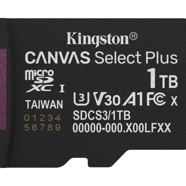 f6d8abd65fe91af7eccbd5102f657d11b69fd50b.jpg Kingston Technology 1TB microSDXC Canvas Select Plus Gen3 150MB/s A1 (Incluye adaptador de SD)